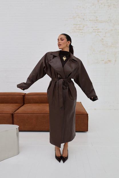 Lumina Eco-leather Trench Coat - brown