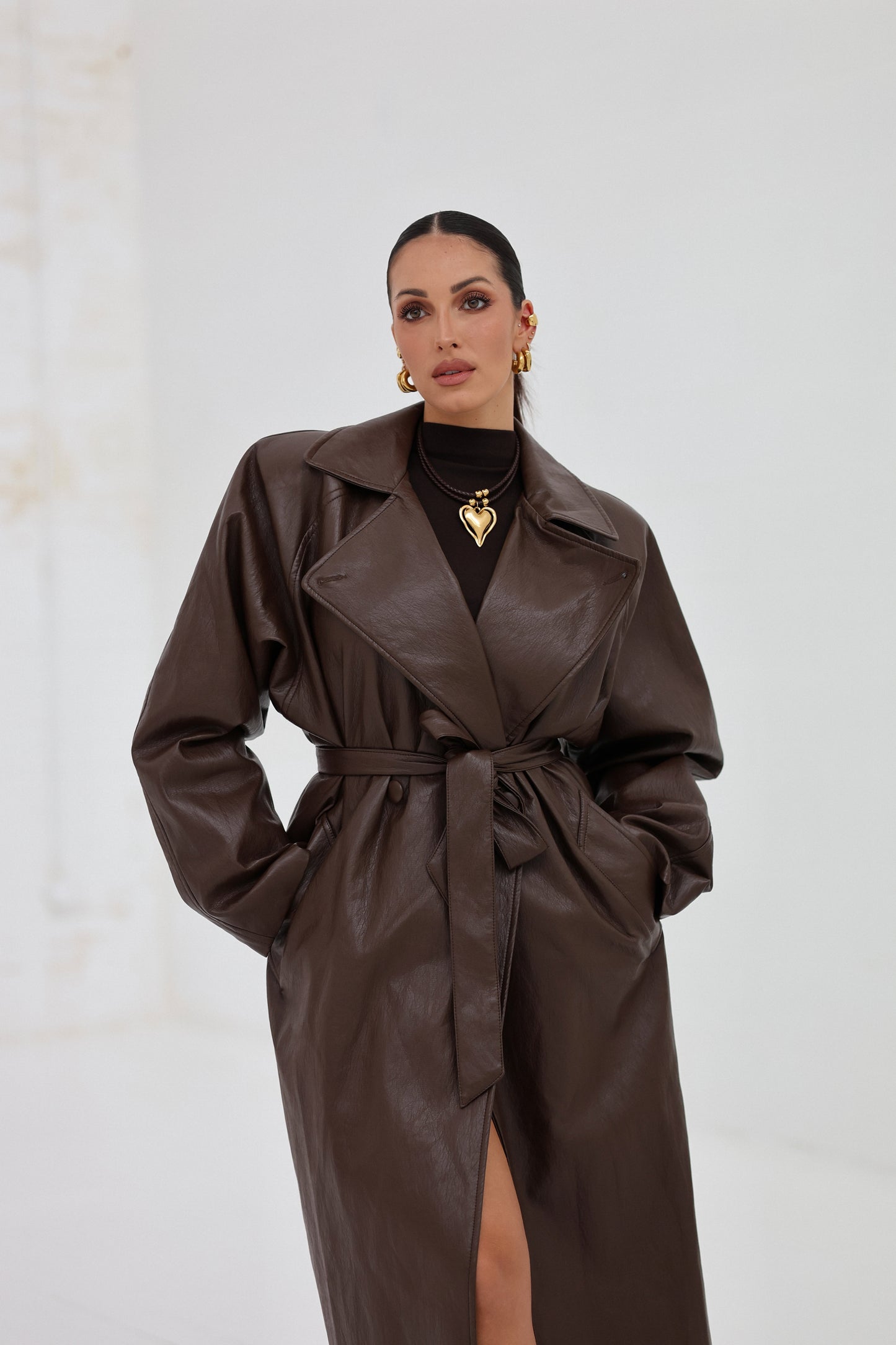 Lumina Eco-leather Trench Coat - brown