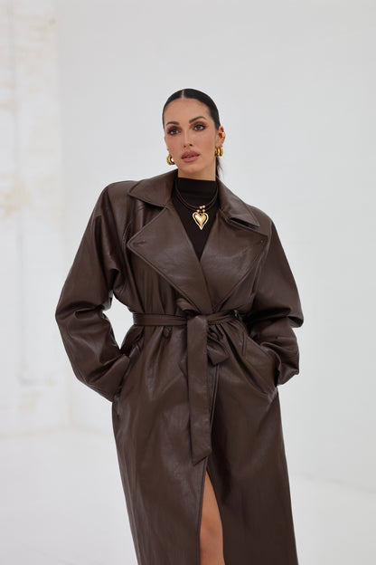Lumina Eco-leather Trench Coat - brown